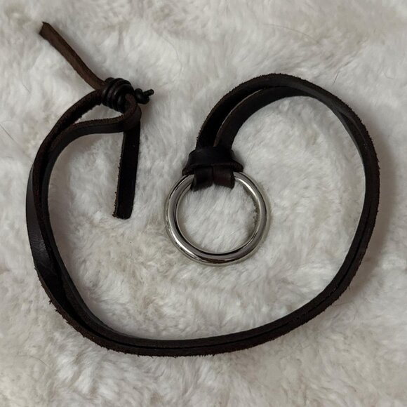 Brown genuine leather adjustable handmade necklace with silver tone brass ring - Picture 1 of 4